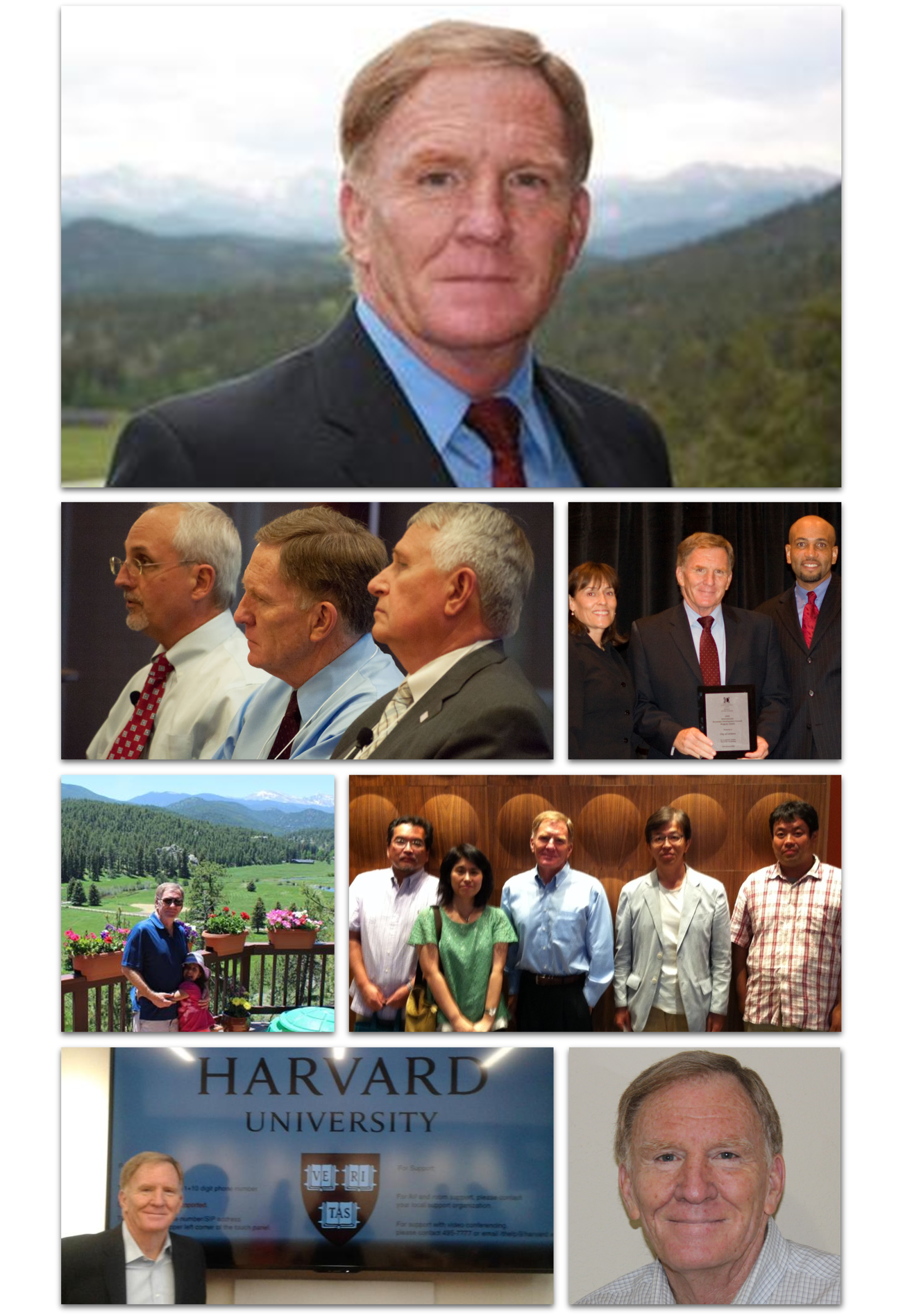 Chris Gibbons, founder of Economic Gardening and the National Center for Economic Gardening — photo collage including professional portrait, award ceremony recognition, Harvard University appearance, international program participants, and Colorado outdoor setting